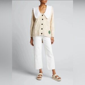 Ganni Beige Cardigan with White Ruffled Collar